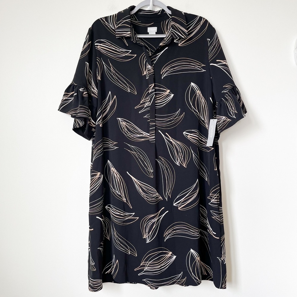 NEW Chico's Flounce Sleeve Tahiti Popover Dress Black Tan Abstract Leaf Women XL